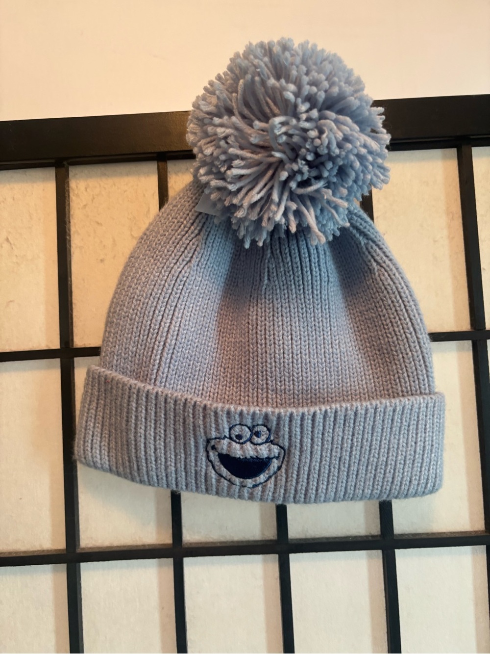 GAP Light Blue Pom-Pom Knit Beanie with Coolie monster Face Embroidery